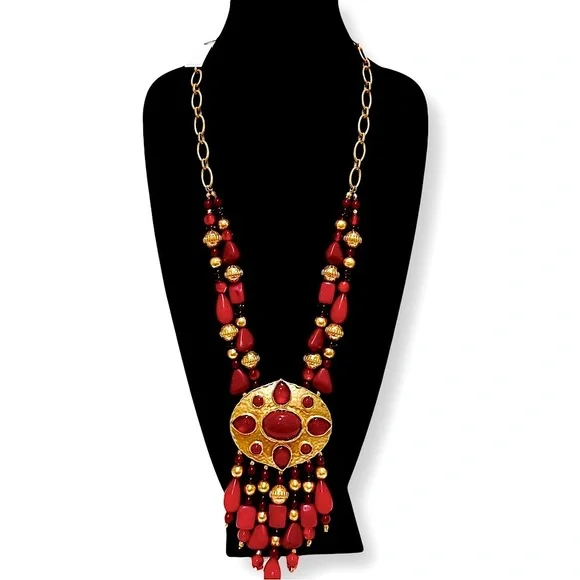 CHICO’s 35th Anniversary Merlot Red & Gold Statement Necklace | NWT | MSRP $119 - Picture 1 of 10